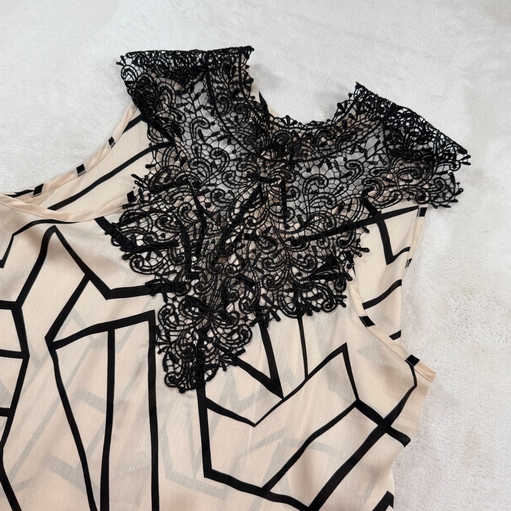Womens Geometric Print Sleeveless Blouse Black Lace Yoke‎ Tie Back Cream 2XL